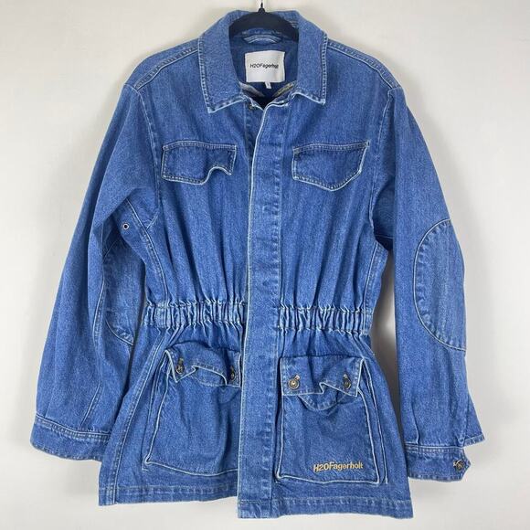 H2OFagerholt Denim Jacket with Synched waist patch elbows size Small - Picture 2 of 8